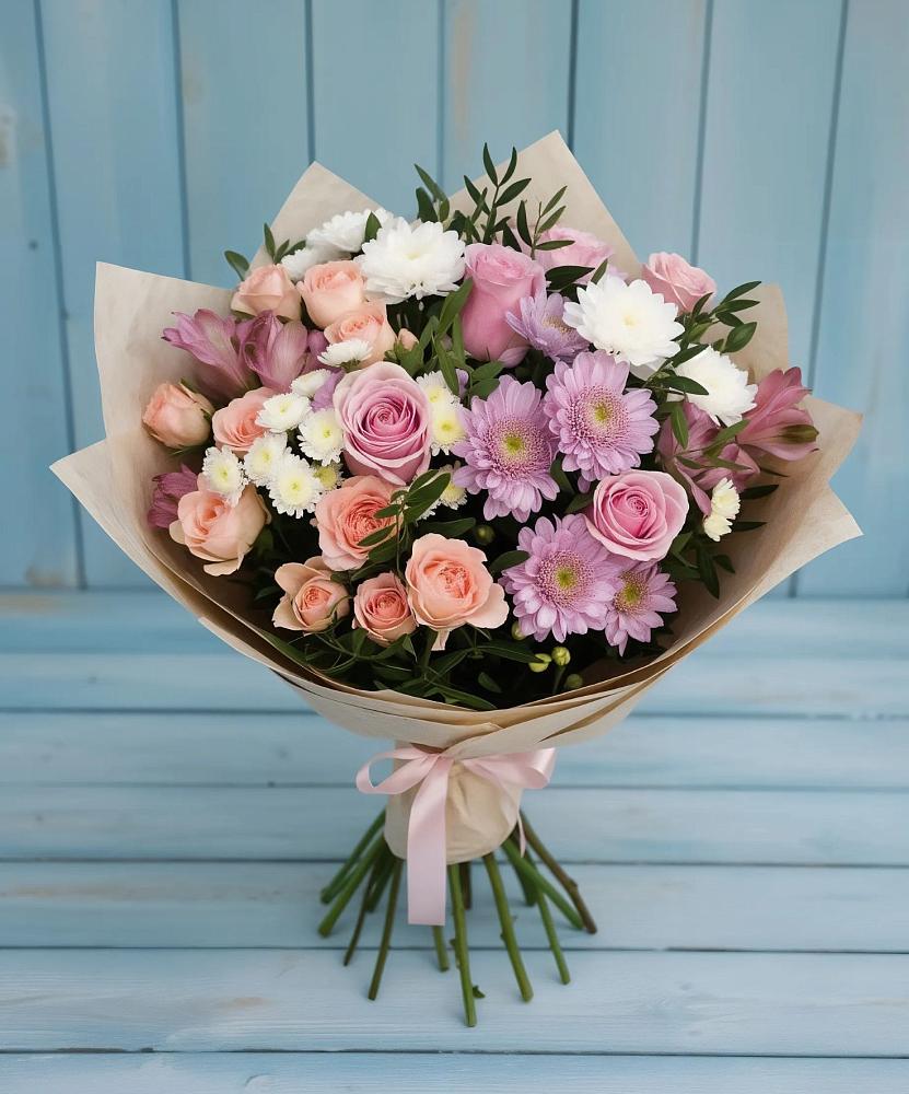 Букет цветов из: Хризантемы, Розы и Альстромерии в Серебряных Прудах