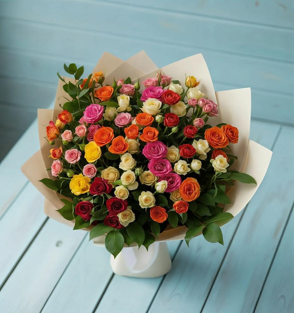 Букет Микс из разноцветных кустовых роз в Серебряных Прудах