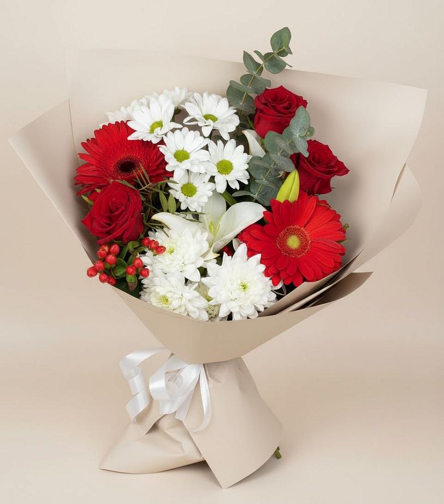 Букет цветов из: Розы, Хризантемы, Герберы и Лилии в Серебряных Прудах