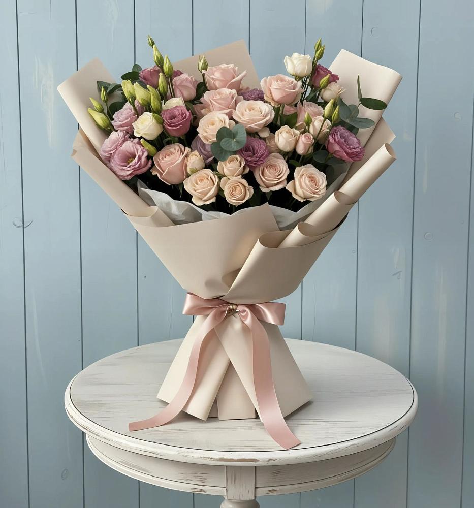 Букет цветов из: Розы и Лизиантусы в Серебряных Прудах