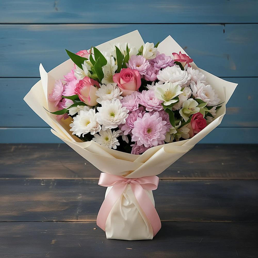 Букет цветов из: Хризантемы, Альстромерии и Розы в Серебряных Прудах